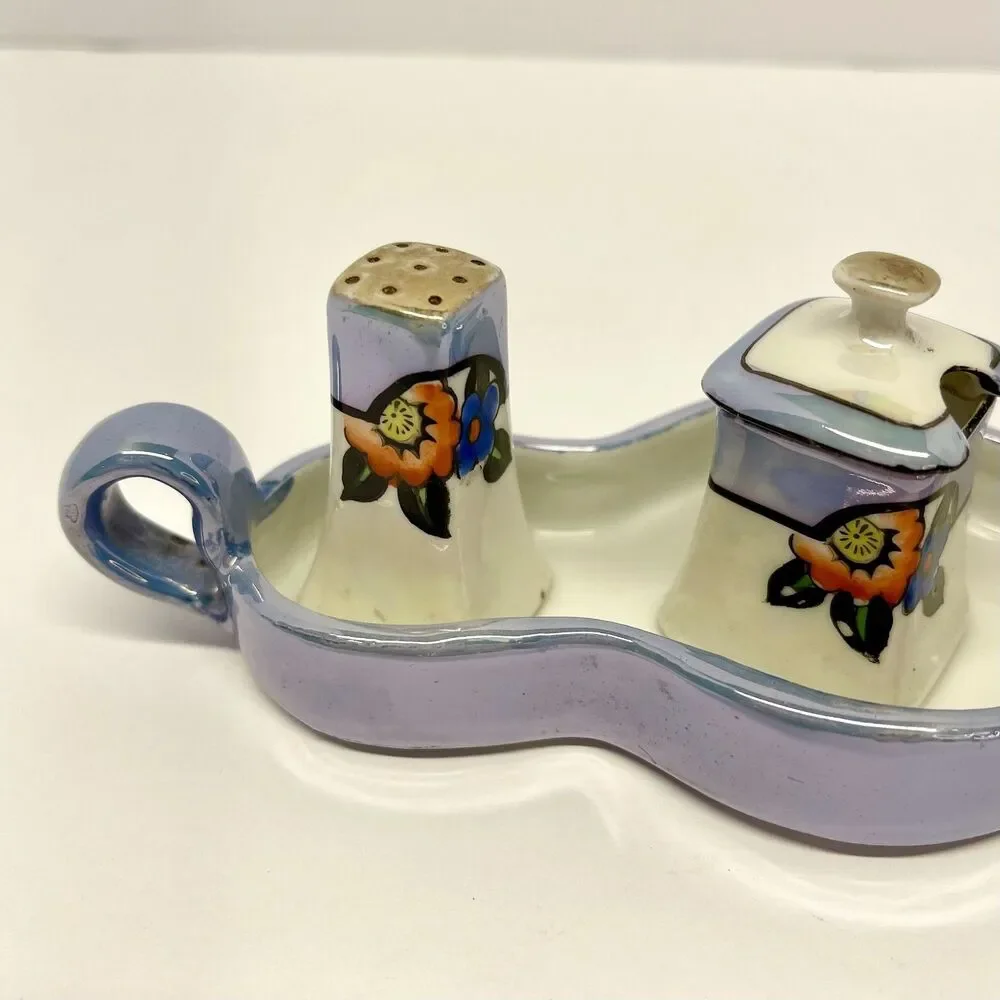 Mini Vintage Noritake Japan Luster Condiment Set Salt Pepper Mustard on Tray